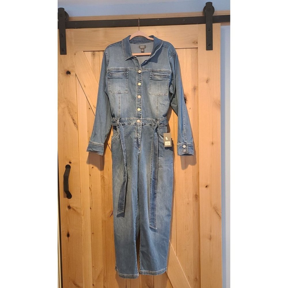 Martha Stewart Size XL Everyday Utility Jumpsuit  Blue Stretch Denim Distressed